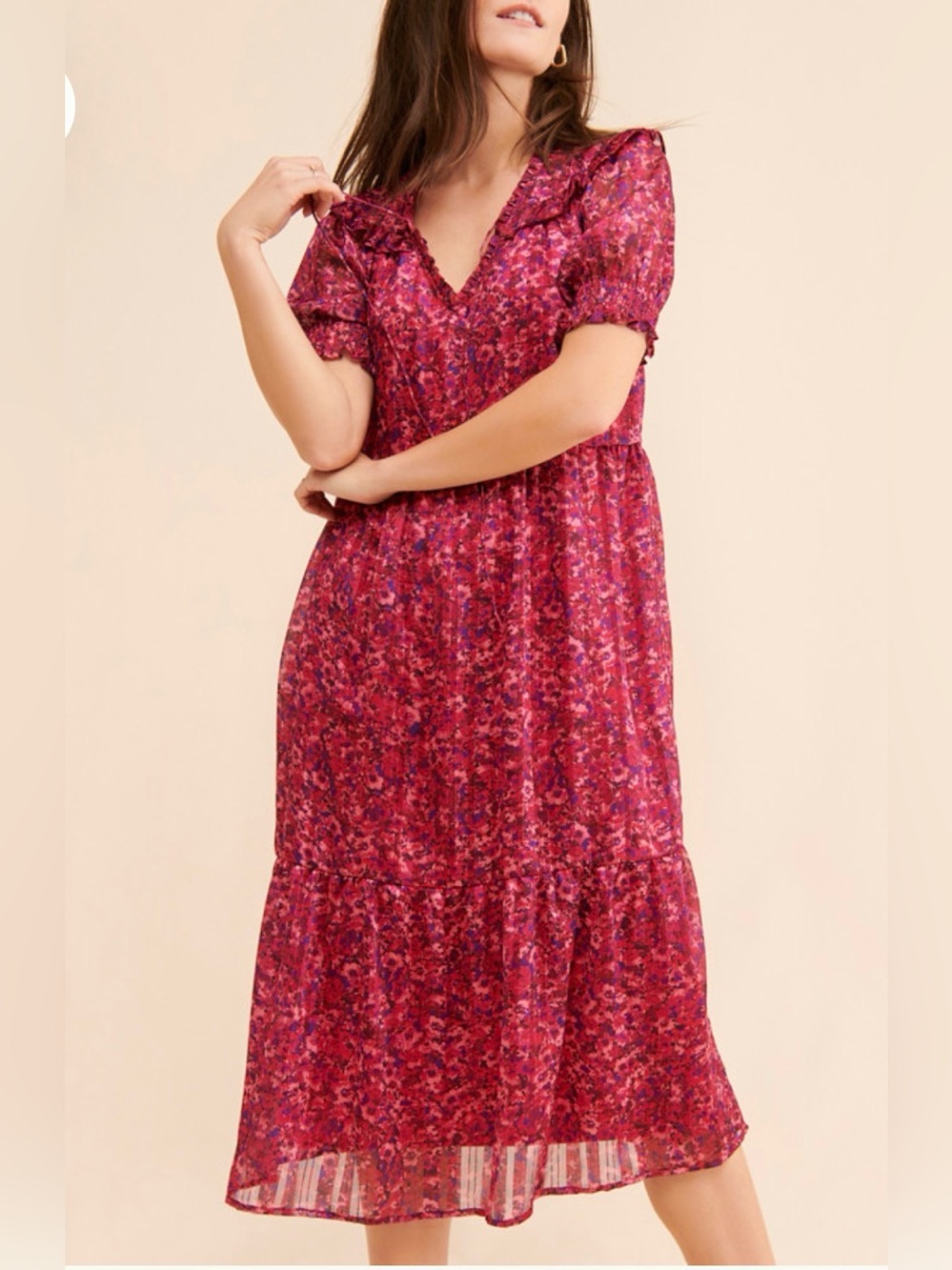 Anthropologie Du Paradis Ruffle Shoulder Pink Floral Midi Dress